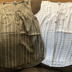 Sleeveless Button-Down Women Tops - Olive Green and White Sonoma size S
